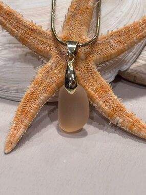 Peach/Light Orange Sea Glass Teardrop Pendant Necklace on Gold Snake Chain